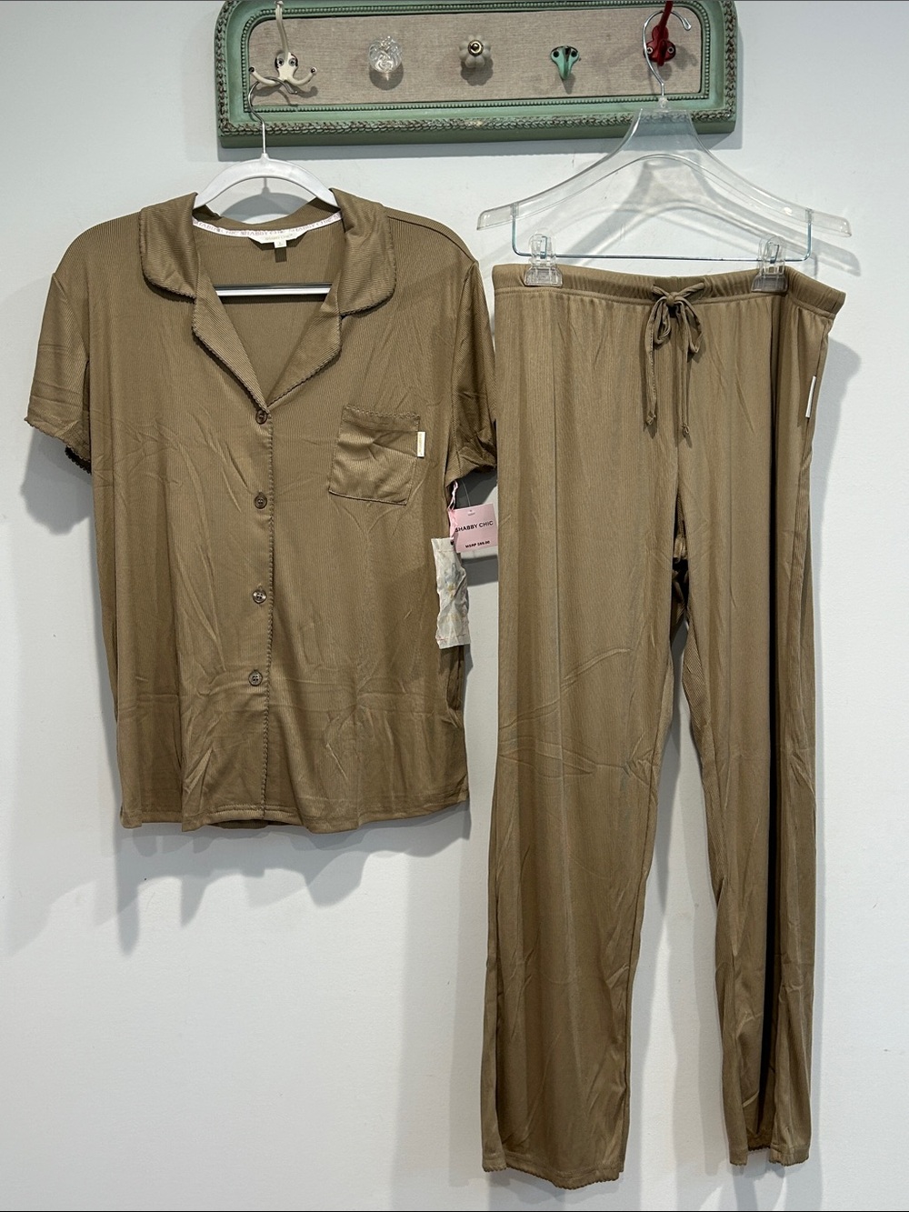 Shabby Chic Taupe Short Sleeve ribbed Button up Pajama Pants Set women’s large
